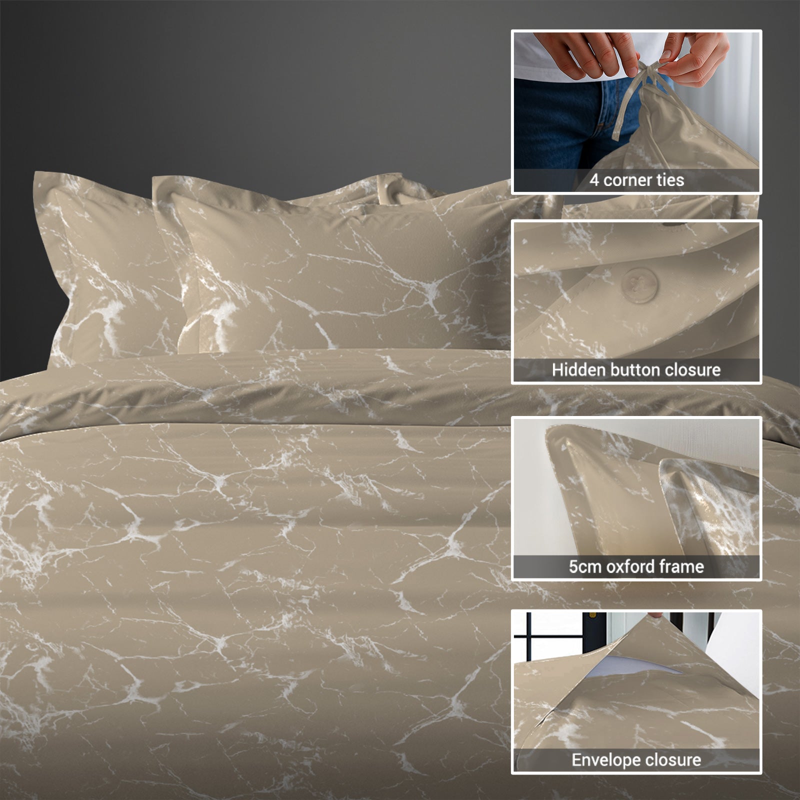 Pizuna Linens single size cotton duvet cover with hidden button closure corner ties and Oxford pillowcases